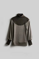 Indulge Ravena taupe and charcoal button-neck wool-knit top, product-only front view