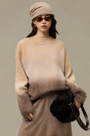 Front view of beige-to-mocha ombre oversized crew neck sweater