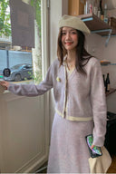 Petite soft lilac wool-blend faux-layer cardigan and matching knit skirt styled in a cafe