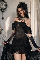 Black Gothic corset dress with off-shoulder lace ruffles and front busk detail