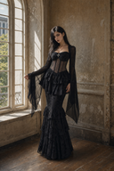 MIRA black Gothic corset mermaid prom dress with sheer dotted waist and detachable bell sleeves