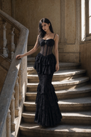 Black Gothic corset mermaid dress shown without the detachable sleeve shrug