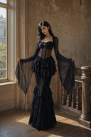 Full-length black Gothic tiered mermaid dress with detachable long bell-sleeve shrug