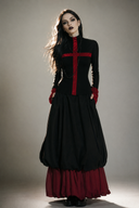 Black and red Gothic two-piece outfit with high-neck top and long tiered skirt