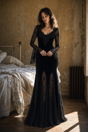 Black Gothic lace bell-sleeve prom maxi dress full-length view