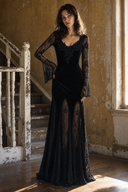 Black Gothic prom maxi dress with lace bell sleeves and floral lace inset skirt