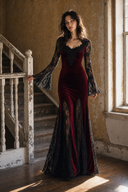 Burgundy Gothic prom maxi dress with black lace bell sleeves and skirt insets