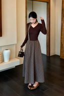 Odette petite matching set with a fitted chocolate top, flowing taupe polka dot maxi skirt and matching ribbon.