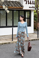 Petite blue cardigan with brown and blue floral maxi skirt street-style look