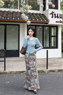 Petite fitted blue knit cardigan and floral maxi skirt outfit