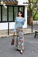 Petite blue ribbed cardigan and floral maxi skirt outfit, full-length view