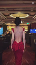 Vogsion Scarlet Bow-Back Evening Gown | Elegant Open-Back Red Dress for Christmas & Holiday Parties