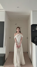 Vogsion Signature Pleated Draped Shoulder Dress in Ivory