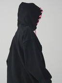 Vogsion Pink Lace-Up Trim Black Oversized Fleece Hoodie – Streetwear Hip-Hop Guochao Unisex Couple Winter Pullover