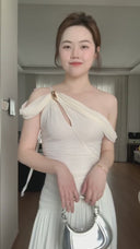 Vogsion Signature Pleated Draped Shoulder Dress in Ivory