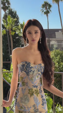 Vogsion 2026 Strapless 3D Floral Embroidered Mermaid Prom Dress – Nude Sheer Tulle with Blue Green Gold Appliqué Sequin Evening Gown