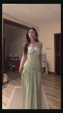 Vogsion Sage Green Ruched Bow Front Maxi Vacation Dress with Matching Sheer Shawl – 2026 Summer Travel Essential