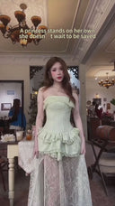 Vogsion Pistachio Green Strapless Corset Ruffle Peplum Lace Prom Dress 2026 – Fairy Core Whimsical High Slit Formal Evening Gown