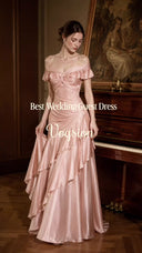 VOGSION Vivienne Satin Ruched Off-Shoulder Formal Maxi Dress