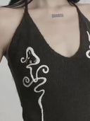 Naga Dark Brown Serpent-Embroidered Wool Knit Halter Top