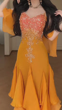 Vogsion 2026 Orange Hand-Sewn Crystal Beaded Strapless Mermaid Evening Gown – Luxury Sparkly Prom & Wedding Guest Dress