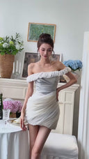 Vogsion Elowen Grey Chiffon Off-Shoulder Mini Party Dress