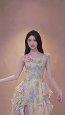 Vogsion Ethereal Watercolor Cascade: Tiered Chiffon Ruffle Garden Party Midi Dress