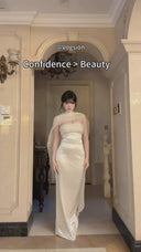 Vogsion Celeste Ivory Satin Cape Gown – Strapless Beaded Bodice Column Maxi