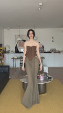 Vogsion "Aphrodite" Earth-Tone Draped Corset & Hip-Cutout Maxi Dress