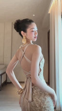 Vogsion Champagne Gold Cross-Strap Backless Mermaid Maxi Dress