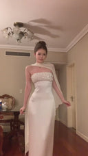 Vogsion Celeste Ivory Satin Cape Gown – Strapless Beaded Bodice Column Maxi