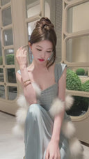 Vogsion Luxury Baby Blue Beaded Bodice Satin Prom Dress