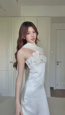 Vogsion Celeste Ivory Satin Cape Gown – Strapless Beaded Bodice Column Maxi