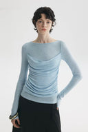 Sky blue sheer ruched long sleeve top with minimalist draped front