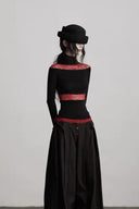 Full styling view of the waist-length Gothic lace top with black pants and hat; bottoms and accessories not included
