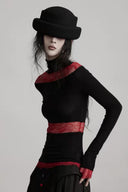 Three-quarter view of the black and burgundy Gothic long sleeve top with a high neck and waist-length fit