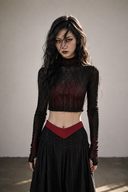 Front view of the cropped black and red gothic mesh top