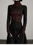 Front detail of the regular gothic mesh top with a high neck and thumb-hole cuffs