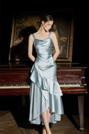 VOGSION Adagio dusty blue satin asymmetrical ruffle midi dress, full front view