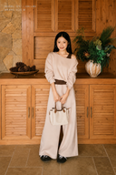Front view of the Almond Amélie petite cotton set with an off-shoulder neckline and high waist