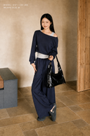 Full-length view of the Crest Navy Amélie petite cotton wide-leg set on a 5-foot model wearing Petite M