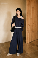 Crest Navy Amélie petite cotton top and wide-leg pants set showing the side pocket