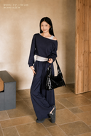 Crest Navy Amélie petite high-waist cotton wide-leg set styled off the shoulder