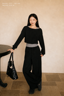 Petite model wearing the Noir Mist Amélie cotton wide-leg matching set in a relaxed walking pose