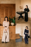 VOGSION Amélie petite cotton wide-leg set in Almond, Crest Navy and Noir Mist on a 5-foot model wearing Petite M