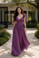 Flowy purple maxi dress for weddings and formal occasions, walking view