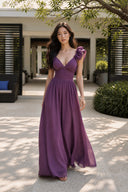VOGSION Amethyst purple maxi dress with ruffle shoulders, front full-length view