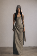 Full-length front view of the gray corset maxi dress with an asymmetric fixed waist tie