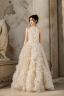 VOGSION Aurelia champagne formal dress with sculptural ruffles, full front view