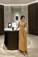 VOGSION Aureline champagne gold petite maxi dress front view